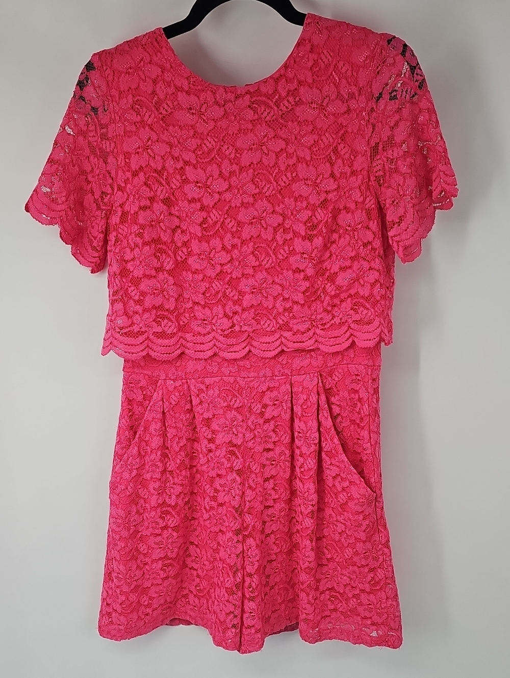 Pink Lace 2-Layer One Piece Lined Short Sleeved Romper wPockets Sz:8 Coquette
